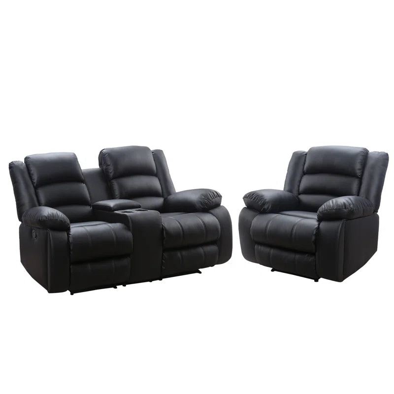 2-Piece Modern and Soft Vegan Leather Manual Reclining Living Room Set with Cup Holders and Console